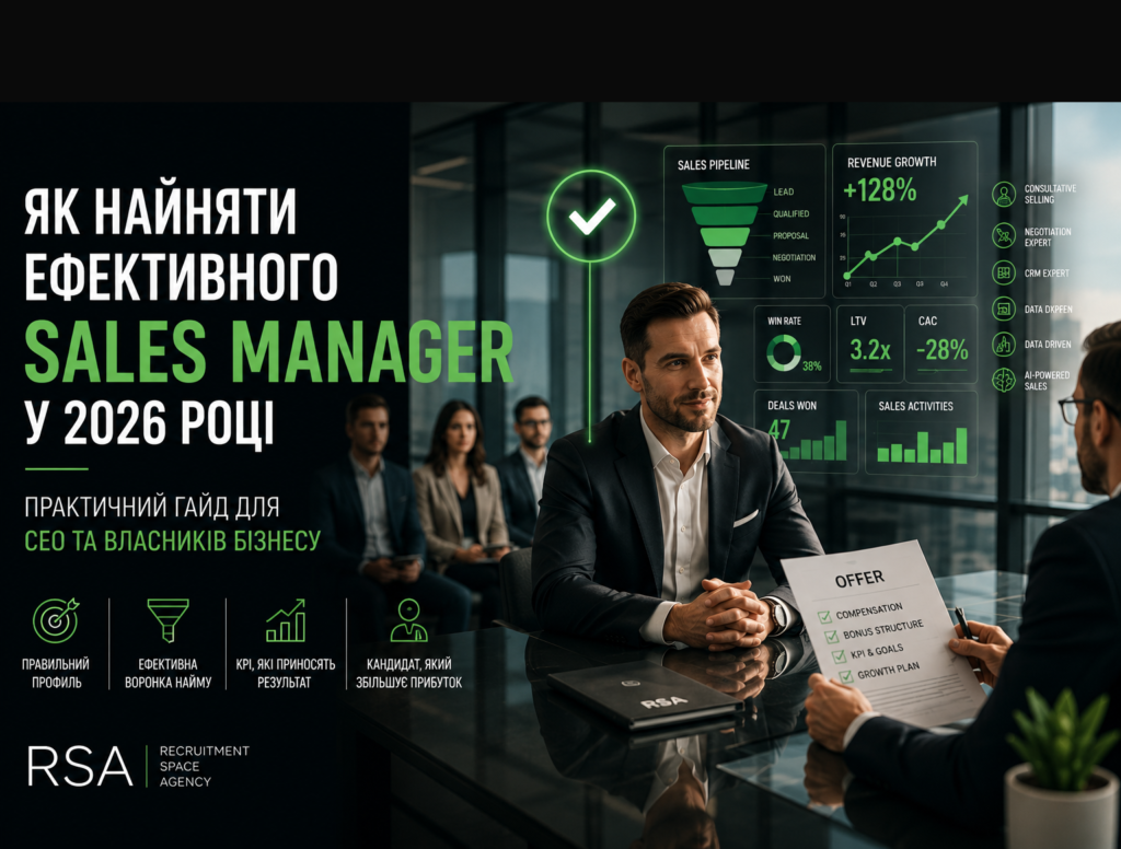 Як найняти ефективного Sales Manager у 2026 році — інфографіка з ключовими етапами найму